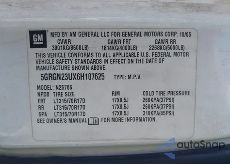 2006 Hummer H2 Suv z USA, uszkodzony, nr VIN 5GRGN23UX6H107625